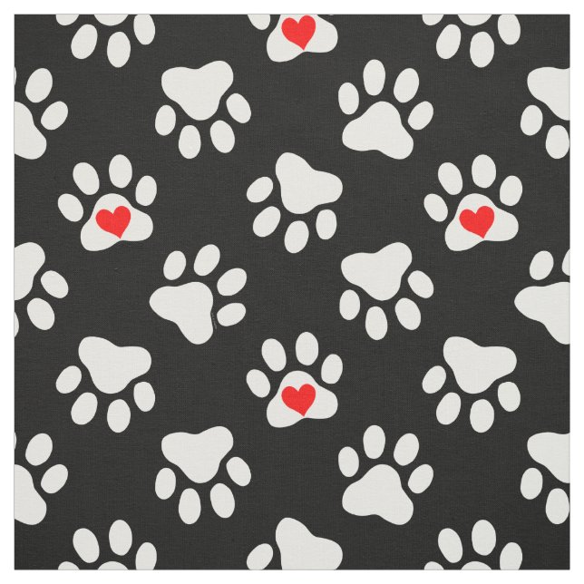 Cute Black and White Dog Paws With Hearts Pattern Fabric (Swatch)