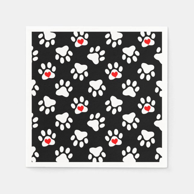 Cute Black and White Dog Paws With Hearts Pattern Napkins (Front)