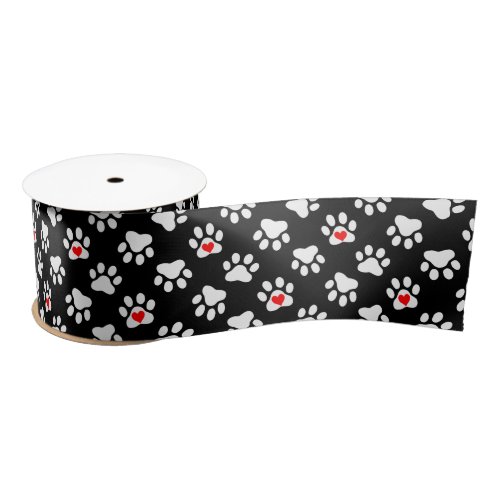 Cute Black and White Dog Paws With Hearts Pattern Satin Ribbon