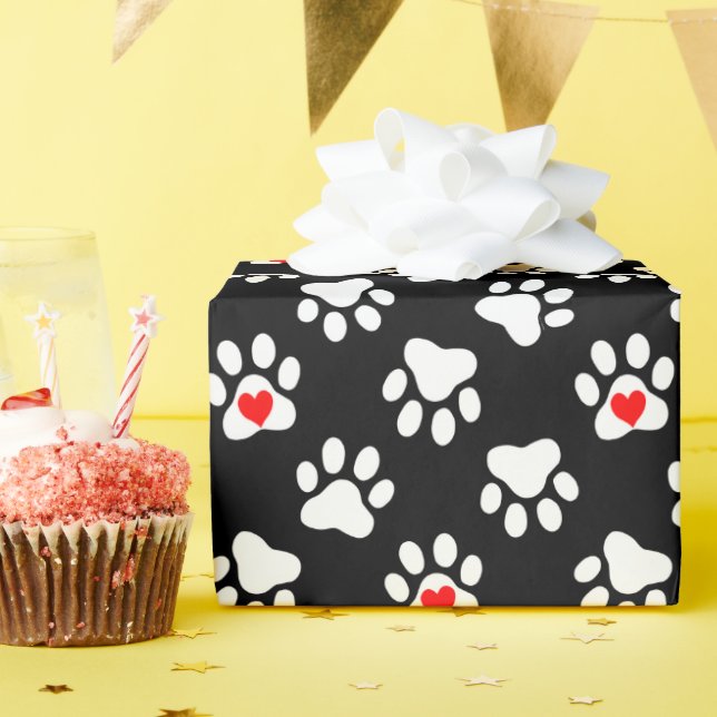 Cute Black and White Dog Paws With Hearts Pattern Wrapping Paper (Birthday Party)