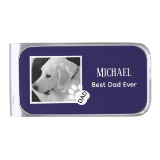 Cute Black and White Dog Photo Best Dad Ever Silver Finish Money Clip