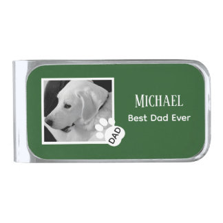 Cute Black and White Dog Photo Best Dad Ever Silver Finish Money Clip