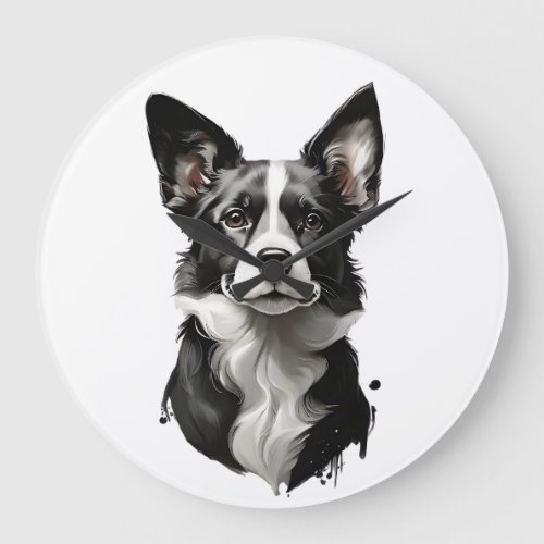 Cute Black and White Dog Puppy Portrait  Large Clock