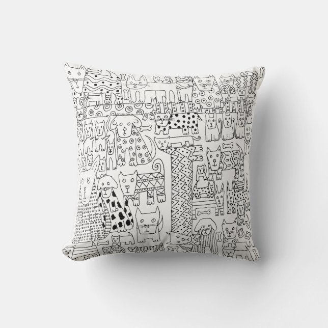Cute Black and White Dogs And Puppies Pattern Throw Pillow (Front)