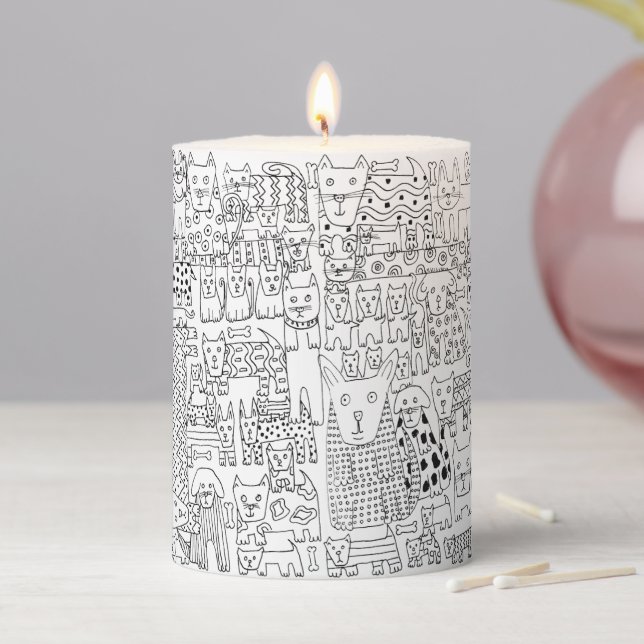 Cute Black and White Dogs And Puppies Patterned Pillar Candle (In Situ)