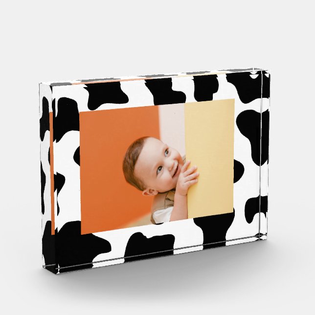 Cute black and white farm animal nursery cow print photo block (Left)