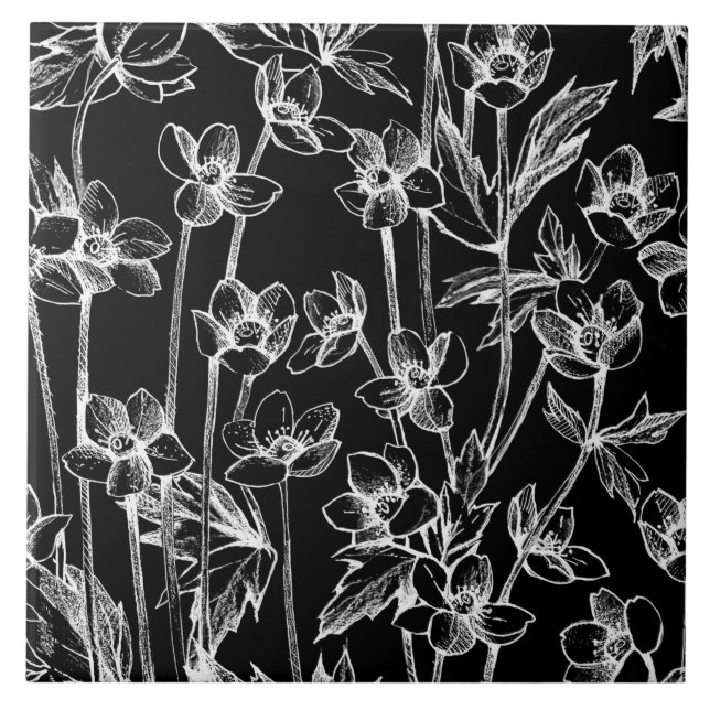 Cute Black and White Floral Botanical  Ceramic Tile (Front)
