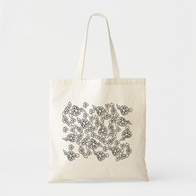 Cute black and white floral pattern tote bag (Front)