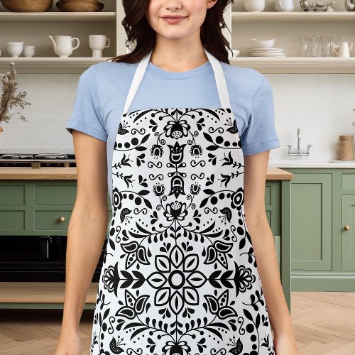 Cute Black And White Floral Scandinavian Bandanna Apron