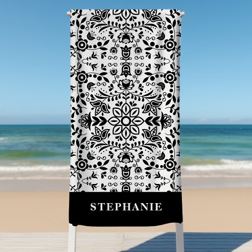 Cute Black And White Floral Scandinavian Bandanna Beach Towel