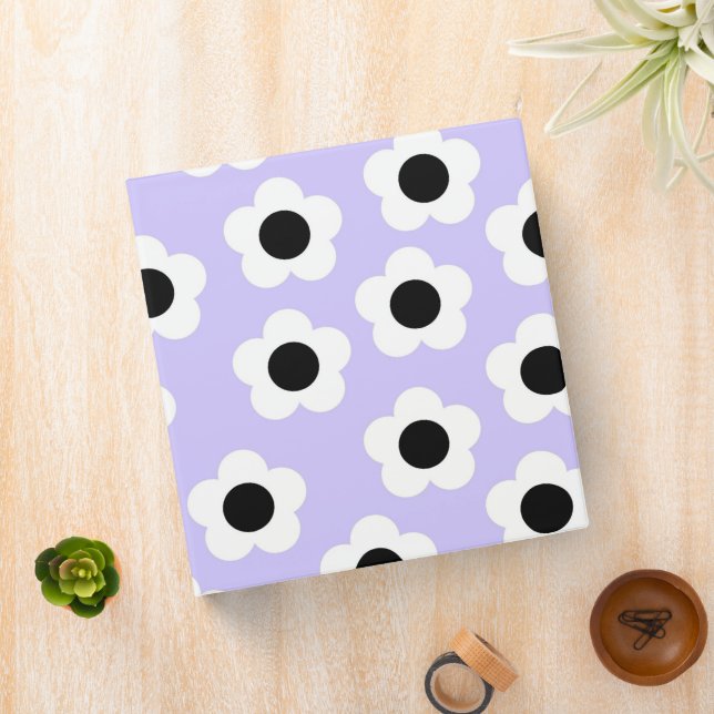 Cute Black and White Flower With Blue Background 3 Ring Binder (In Situ)