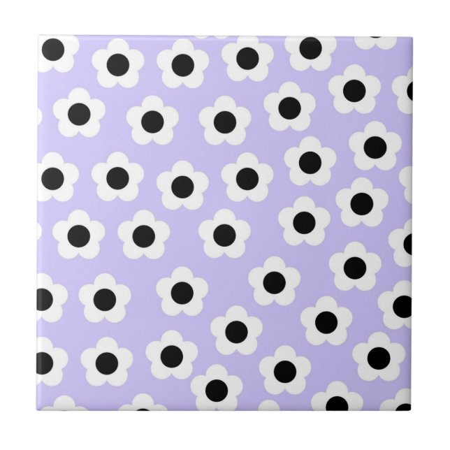Cute Black and White Flower With Blue Background Ceramic Tile (Front)