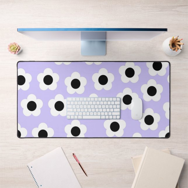 Cute Black and White Flower With Blue Background Desk Mat (Office 1)