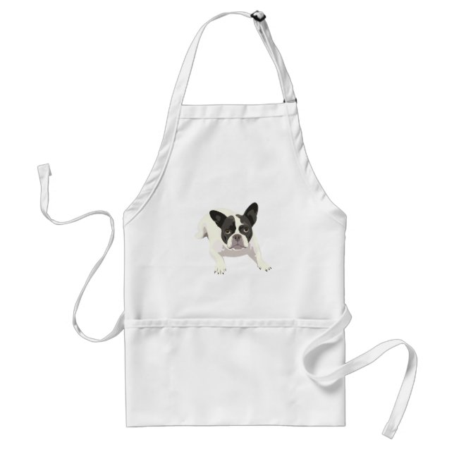 Cute Black and White French Bulldog on Blue Back Adult Apron (Front)