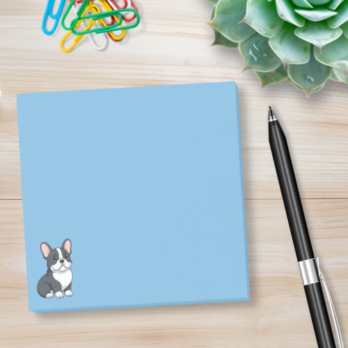 Cute Black and White French Bulldog on Blue Post-it Notes
