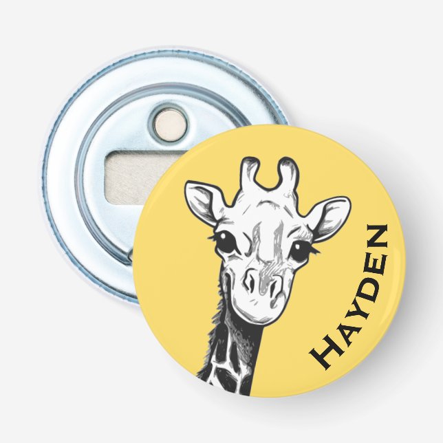 Cute Black and White Giraffe Drawing Personalised Bottle Opener (Front)