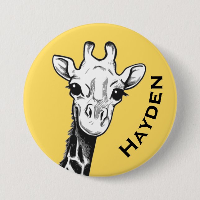 Cute Black and White Giraffe Drawing Personalised Button (Front)
