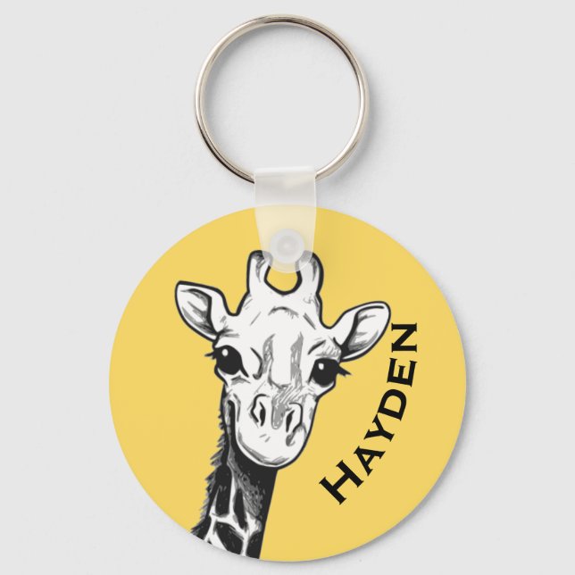 Cute Black and White Giraffe Drawing Personalised Keychain (Front)