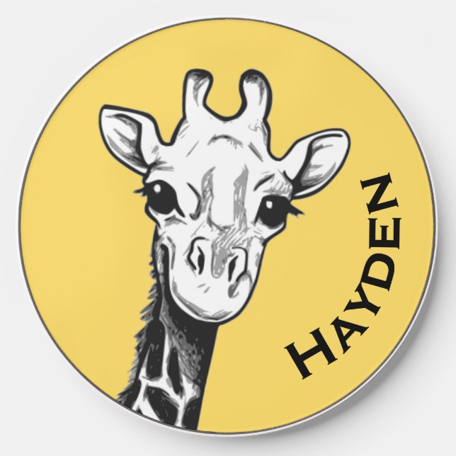 Cute Black and White Giraffe Drawing Personalised Wireless Charger (Front)