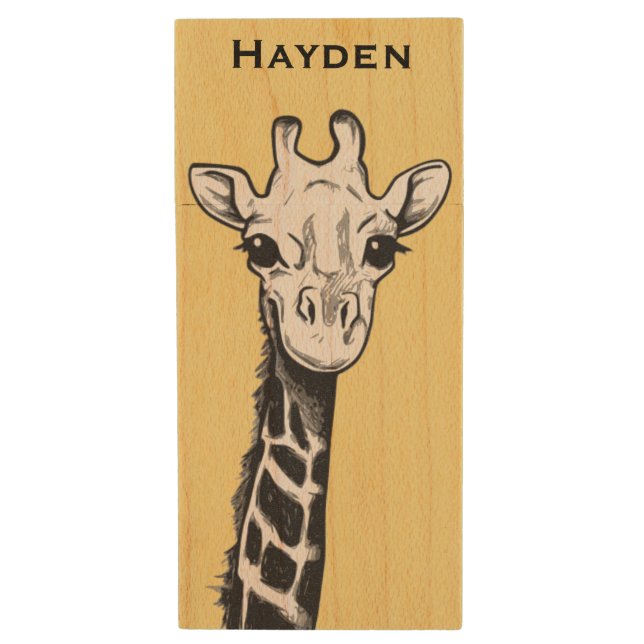 Cute Black and White Giraffe Drawing Personalised Wood Flash Drive (Front Vertical)