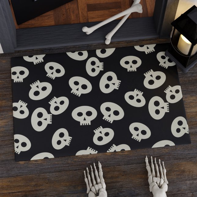 Cute Black and White Halloween Skulls Doormat (Cute skulls welcome your visitors on this Halloween doormat)
