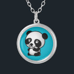 Cute black and white happy panda bear silver plated necklace<br><div class="desc">A cute and adorable illustration of a black and white panda bear sitting down and looking happy,  friendly and lovable. Turquoise blue background.</div>