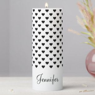 Cute Black And White Hearts Pattern Custom Name Pillar Candle