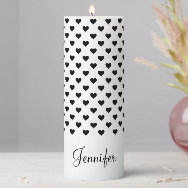 Cute Black And White Hearts Pattern Custom Name Pillar Candle (In Situ)