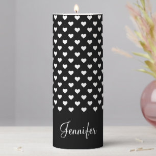Cute Black And White Hearts Pattern Name Pillar Candle