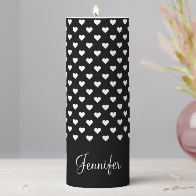 Cute Black And White Hearts Pattern Name Pillar Candle (In Situ)