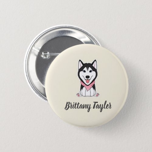 Cute black and white husky dog button