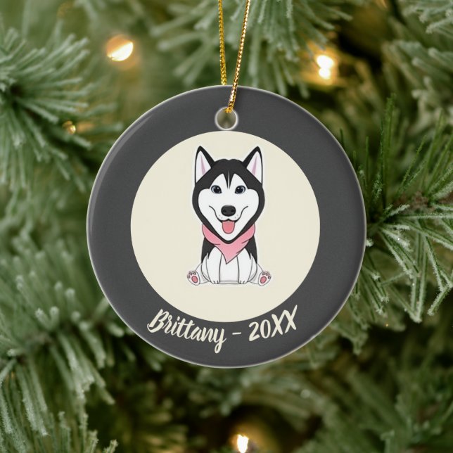 Cute black and white husky dog ceramic ornament (Tree)
