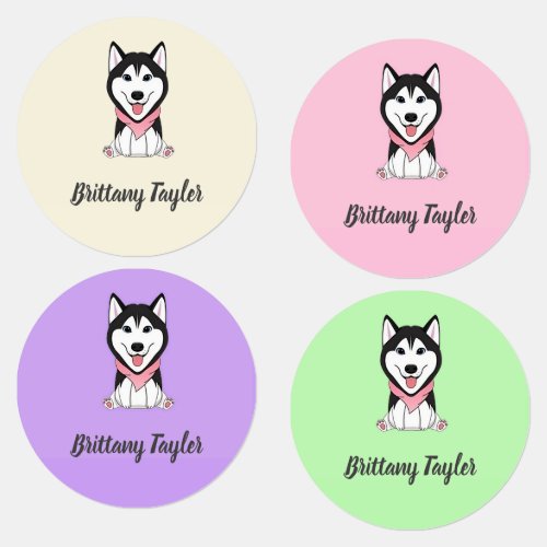 Cute black and white husky dog kids labels