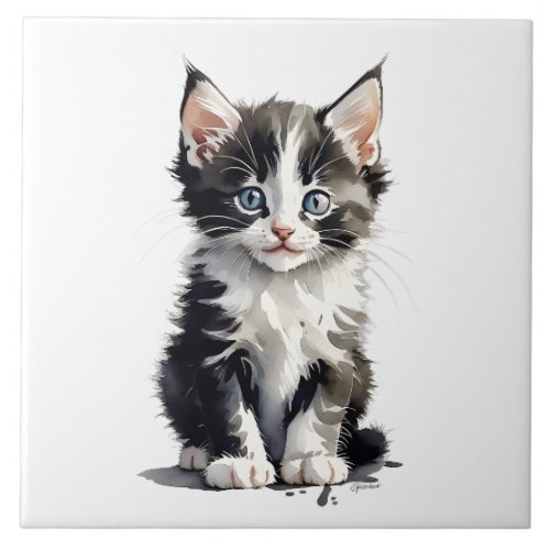 Cute Black and White Kitten Portrait  Ceramic Tile