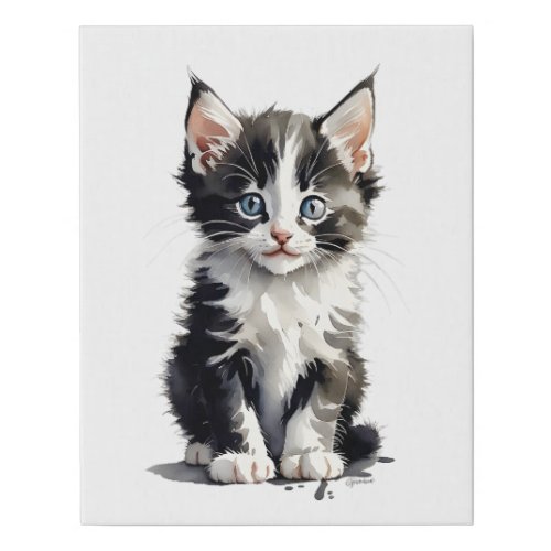 Cute Black and White Kitten Portrait  Faux Canvas Print