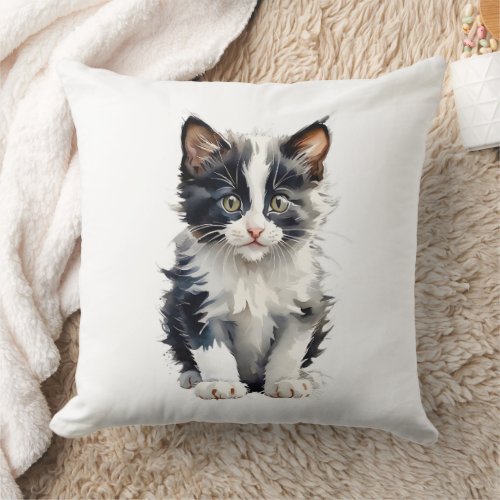 Cute Black and White Kitten Portrait Minimal No 2 Throw Pillow