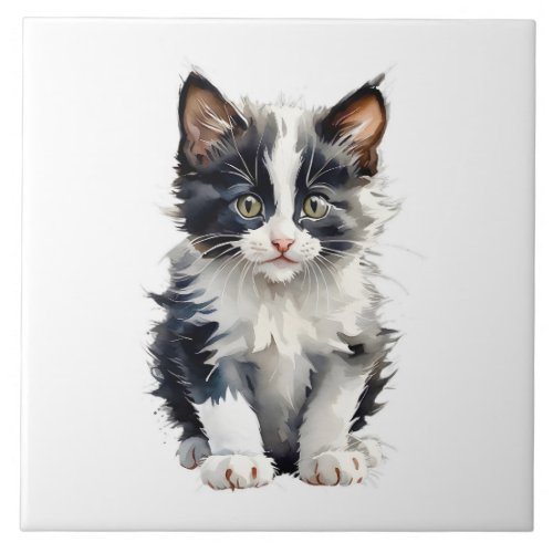 Cute Black and White Kitten Portrait No 2 Ceramic Tile