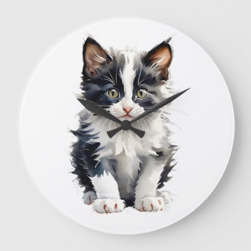 Cute Black and White Kitten Portrait No 2 Large Clock