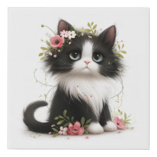 Cute Black and White Kitten with Flowers Faux Canvas Print
