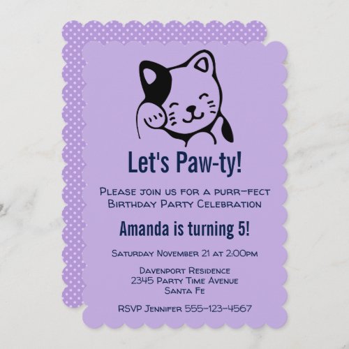 Cute Black and White Kitty Cat Waving _  Birthday Invitation