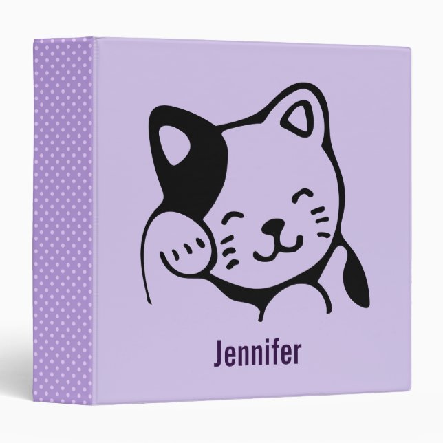 Cute Black and White Kitty Cat Waving Hello 3 Ring Binder (Front/Spine)