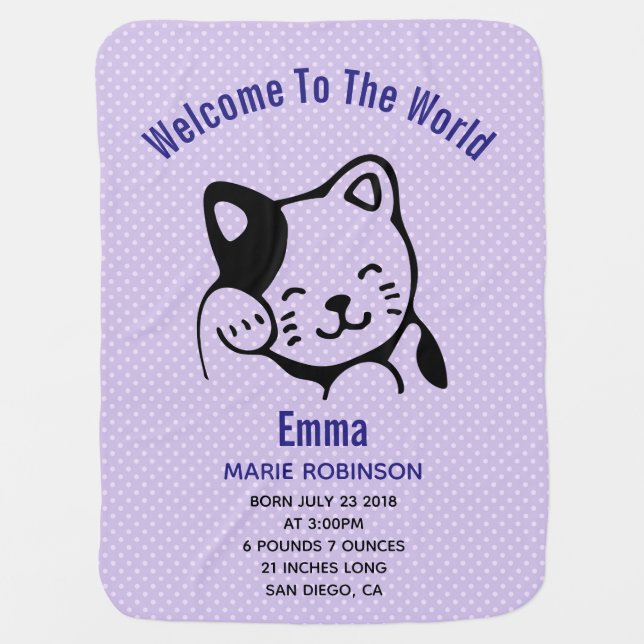 Cute Black and White Kitty Cat Waving Hello Baby Blanket (Front)