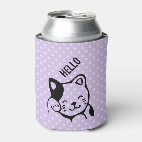 Cute Black and White Kitty Cat Waving Hello Can Cooler