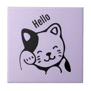 Cute Black and White Kitty Cat Waving Hello Ceramic Tile