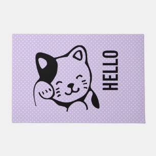 Cute Black and White Kitty Cat Waving Hello Doormat