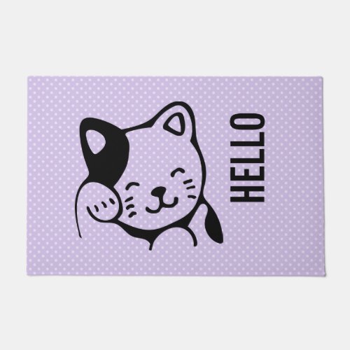 Cute Black and White Kitty Cat Waving Hello Doormat