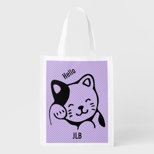 Cute Black and White Kitty Cat Waving Hello Grocery Bag