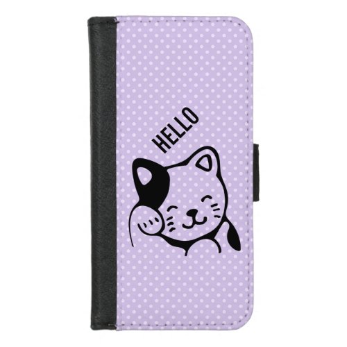 Cute Black and White Kitty Cat Waving Hello iPhone 87 Wallet Case