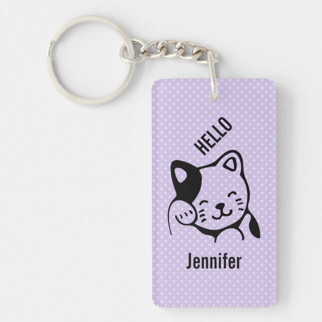 Cute Black and White Kitty Cat Waving Hello Keychain (Front)