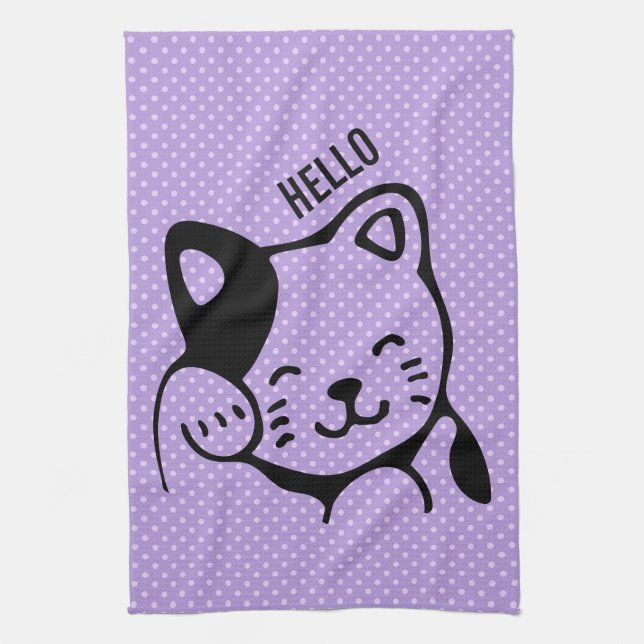 Cute Black and White Kitty Cat Waving Hello Kitchen Towel (Vertical)
